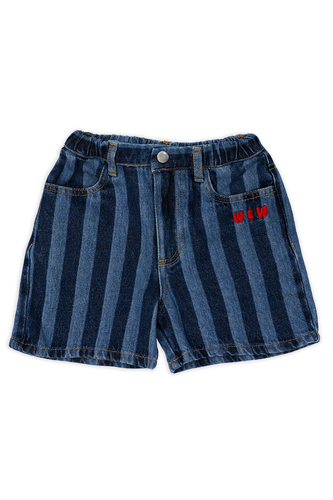 Striped Denim Shorts Washed Denim van Wander & Wonder met verticale strepen in washed denim voor jongens en meisjes | Verkrijgbaar bij Little Fashion Addict

