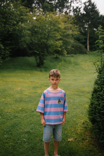 Jongens t-shirt met streepjes en dino-print – Daily Brat | Striped T-shirt Daffy Dino | Verkrijgbaar bij Little Fashion Addict 