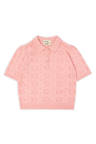 Pointelle Polo Petal van Wander & Wonder in lichtroze met textuur en pofmouwen. | Meisjespolo | Verkrijgbaar bij Little Fashion Addict
