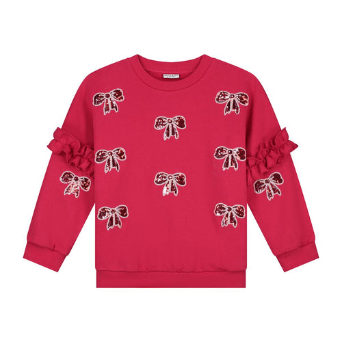 Donkerroze meisjessweater met glinsterende strikjes van Daily Brat – City Notes Collectie | Ontdek Daily Brat bij Little Fashion Addict