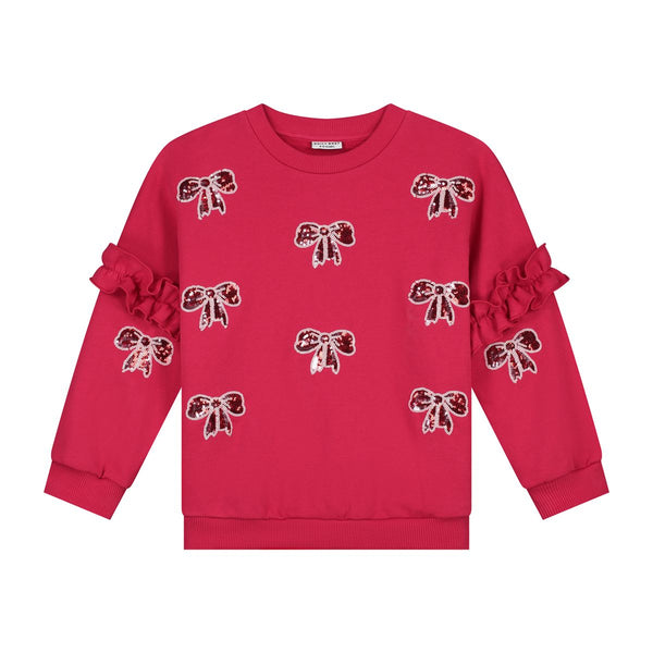 Donkerroze meisjessweater met glinsterende strikjes van Daily Brat – City Notes Collectie | Ontdek Daily Brat bij Little Fashion Addict
