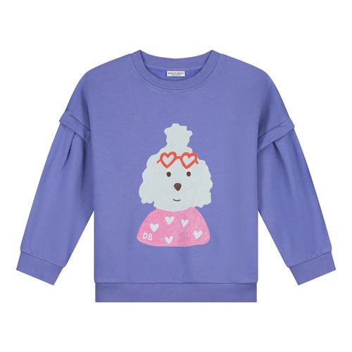 Lichtpaarse meisjessweater Mary Puppins met poedelprint en hartjesbril van Daily Brat – City Notes collectie | Ontdek Daily Brat bij Little Fashion Addict
