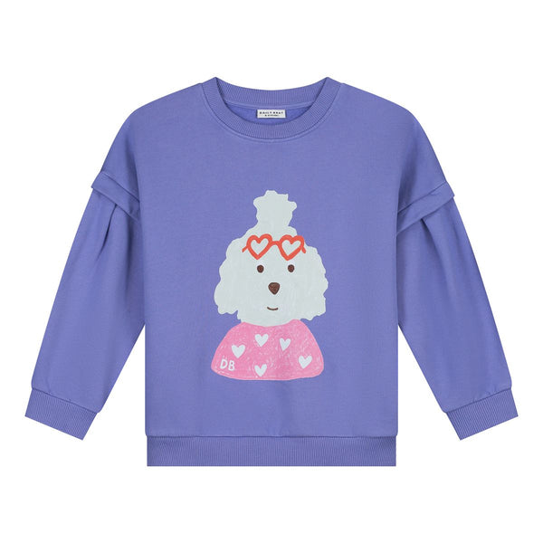 Lichtpaarse meisjessweater Mary Puppins met poedelprint en hartjesbril van Daily Brat – City Notes collectie | Ontdek Daily Brat bij Little Fashion Addict