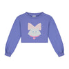 Paarse cropped meisjessweater van Daily Brat met kattenprint en roze strik – Kitty Cat Sweater Pansi Paradise, biologisch katoen