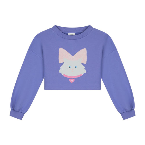 Paarse cropped meisjessweater van Daily Brat met kattenprint en roze strik – Kitty Cat Sweater Pansi Paradise, biologisch katoen