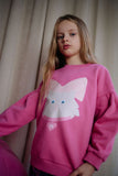 Daily Brat Kitty Cat Sweater in Rosy Rebel roze met kattenprint en strik – City Notes collectie | Ontdek Daily Brat bij Little Fashion Addict