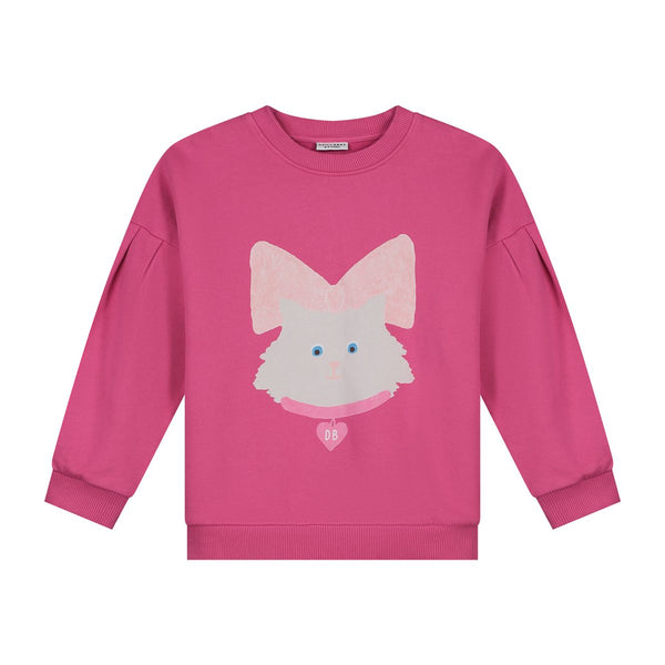 Daily Brat Kitty Cat Sweater in Rosy Rebel roze met kattenprint en strik – City Notes collectie | Ontdek Daily Brat bij Little Fashion Addict