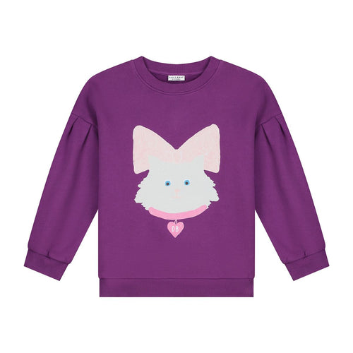 Donkerpaarse Kitty Cat sweater met kattenprint en roze strik van Daily Brat | Ontdek Daily Brat bij Little Fashion Addict