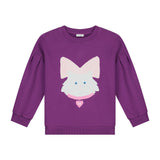 Donkerpaarse Kitty Cat sweater met kattenprint en roze strik van Daily Brat | Ontdek Daily Brat bij Little Fashion Addict