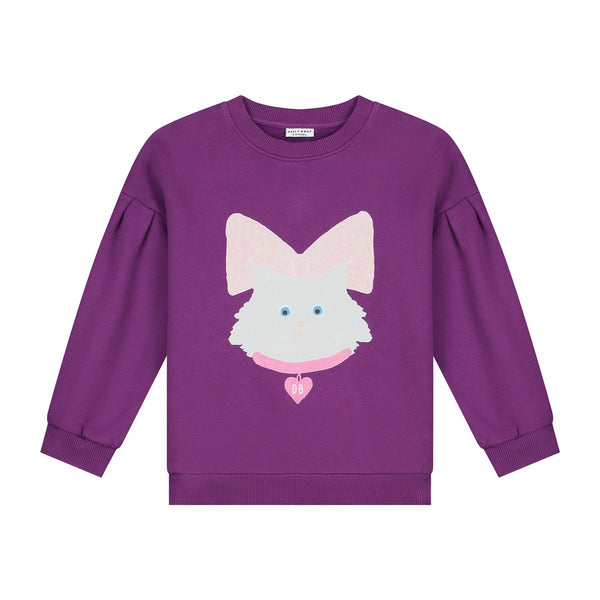 Donkerpaarse Kitty Cat sweater met kattenprint en roze strik van Daily Brat | Ontdek Daily Brat bij Little Fashion Addict