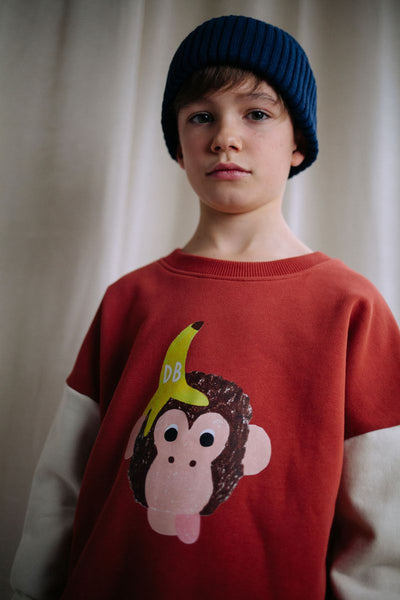 Bruine jongenssweater Funky Kong van Daily Brat met ecrukleurige mouwen en een speelse aap met banaanprint op de voorkant. 