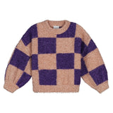 Meisjessweater met ruitpatroon in paars en roze met glitterdetails van Daily Brat – Shine Bright Like a Diamond.