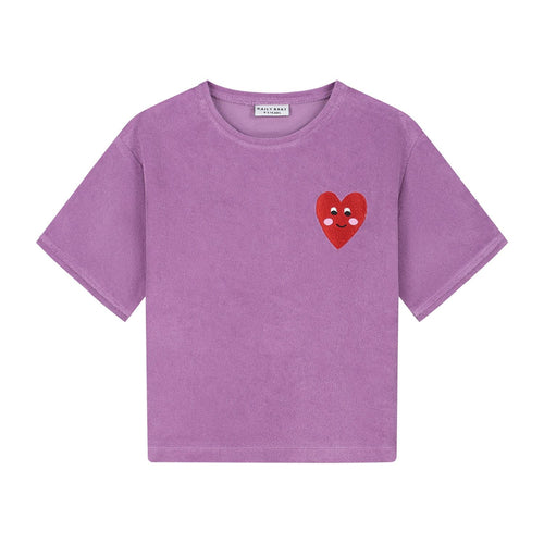 Daily Brat lila badstof t-shirt met hartje voor meisjes | Patty Heart Towel T-shirt - Verkrijgbaar bij Little Fashion Addict