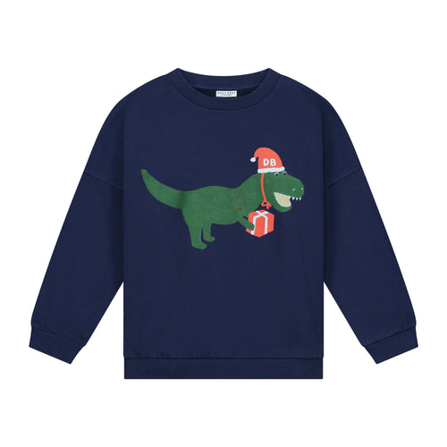 Feestelijke Sweater voor jongens in donkerblauw met dino print van Daily Brat | Verkrijgbaar bij Little Fashion Addict
