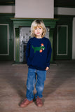 Feestelijke Sweater voor jongens in donkerblauw met dino print van Daily Brat | Verkrijgbaar bij Little Fashion Addict