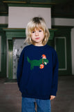 Feestelijke Sweater voor jongens in donkerblauw met dino print van Daily Brat | Verkrijgbaar bij Little Fashion Addict