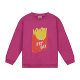Fry-Day Sweater voor meisjes in roze met frietjesprint en geribbelde boorden van Daily Brat | Vekrijgbaar bij Little Fashion Addict