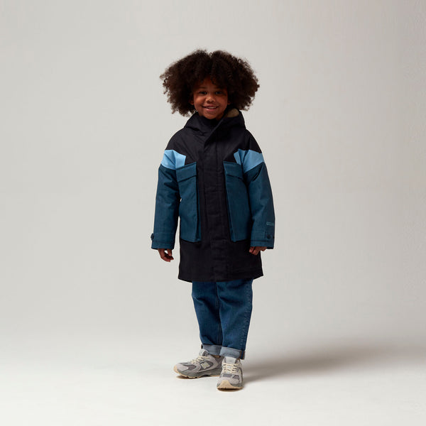 Gosoaky City Fox winterjas in Denim Multi met kleurblokken en imitatiebont | Ontdek Gosoaky bij Little Fashion Addict