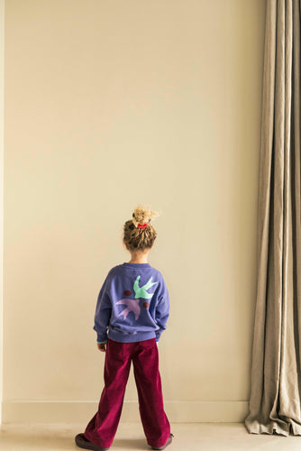 Art Bird Sweater van Jenest - Donkerpaarse sweater met kleurrijke vogelprint op de rug voor meisjes | verkrijgbaar bij Little Fashion Addict
