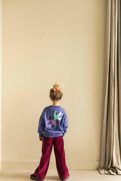 Art Bird Sweater van Jenest - Donkerpaarse sweater met kleurrijke vogelprint op de rug voor meisjes | verkrijgbaar bij Little Fashion Addict