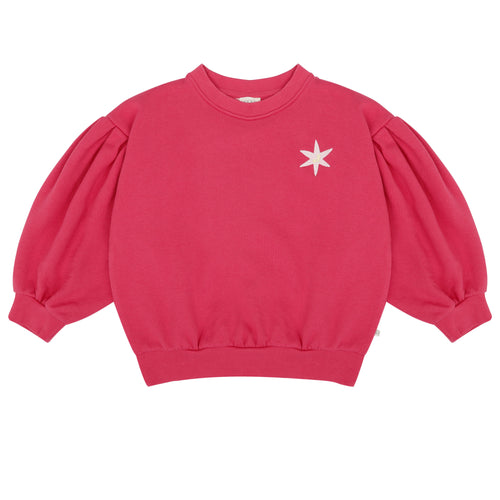 Framboosroze sweater voor meisjes van Jenest met ballonmouwen en sterdetail | verkrijgbaar bij Little Fashion Addict
