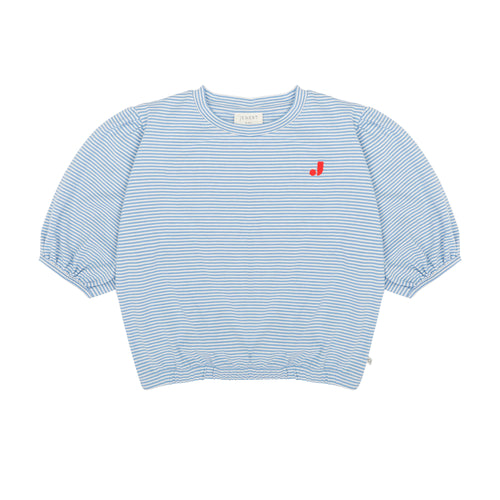 Gestreept meisjes-T-shirt van Jenest met ¾-mouwen en geborduurd detail | Eve T-shirt Grape Blue Stripe | verkrijgbaar bij Little Fashion Addict