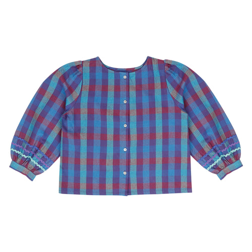Jolie Blouse van Jenest in paarse multi check – kleurrijke meisjesblouse in zachte flanel met sierbandjes aan de mouwen | Verkrijgbaar bij Little Fashion Addict