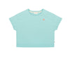 Meisjest-shirt in aqua groen van Jenest met roze LOVE-print op de rug | Livia T-shirt Aqua Green | verkrijgbaar bij Little Fashion Addict