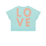 Meisjest-shirt in aqua groen van Jenest met roze LOVE-print op de rug | Livia T-shirt Aqua Green | verkrijgbaar bij Little Fashion Addict