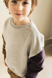 Lucky Bird Sweater van Jenest voor jongens, met contrasterende mouwen in plum en hazelnut en een zwaluw-patch op de rug. | Verkrijgbaar bij Little Fashion Addict