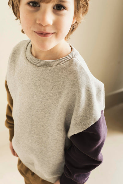 Lucky Bird Sweater van Jenest voor jongens, met contrasterende mouwen in plum en hazelnut en een zwaluw-patch op de rug. | Verkrijgbaar bij Little Fashion Addict