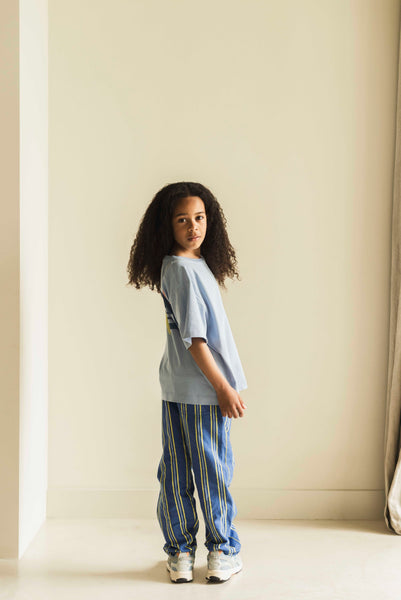 Kind draagt het Mase t-shirt van Jenest in druivenblauw met rugprint | Verkrijgbaar bij Little Fashion Addict