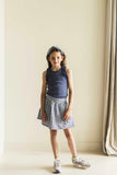 Sara Skirt van Jenest in blauw-lila geruite print, gemaakt van biologisch katoen | Verkrijgbaar bij Little Fashion Addict | Fashion voor meisjes van 4 tot 10 jaar