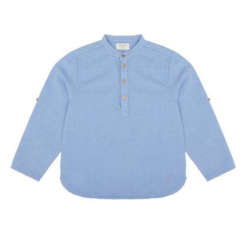 Blauw jongenshemd met opstaande kraag uit de zomercollectie van Jenest | Tuff Grandad Shirt Grape Blue | Verkrijgbaar bij Little Fashion Addict