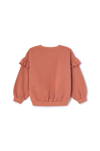 Zandkleurige meisjessweater met sterrenprint en ruches van Letter To The World | Verkrijgbaar bij Little Fashion Addict