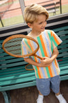 Jongens t-shirt met verticale strepen in zand, groen, oranje en blauw van Sproet & Sprout | Uit de Champions League of Fun van Sproet & Sprout