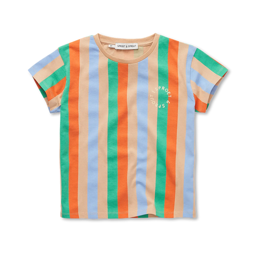 Jongens t-shirt met verticale strepen in zand, groen, oranje en blauw van Sproet & Sprout | Uit de Champions League of Fun van Sproet & Sprout