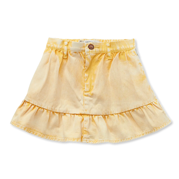 Pastelgeel denim rokje met volant van Sproet & Sprout | Uit de Champions League of Fun collectie - Verkrijgbaar bij Little Fashion Addict