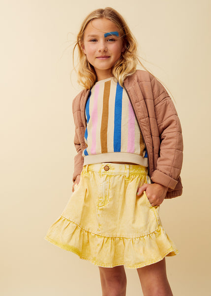 Pastelgeel denim rokje met volant van Sproet & Sprout | Uit de Champions League of Fun collectie - Verkrijgbaar bij Little Fashion Addict