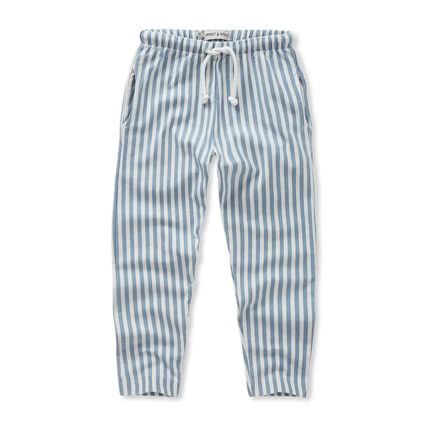 Gestreepte jongensbroek in denim blue van Sproet & Sprout | jersey twill Denim Pants uit de Champions League of Fun Collectie