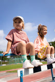 Unisex kindersokken in fris groen met witte strepen en Ice Cream Champ print | Uit de Champions League of Fun Collectie - Verkrijgbaar bij Little Fashion Addict