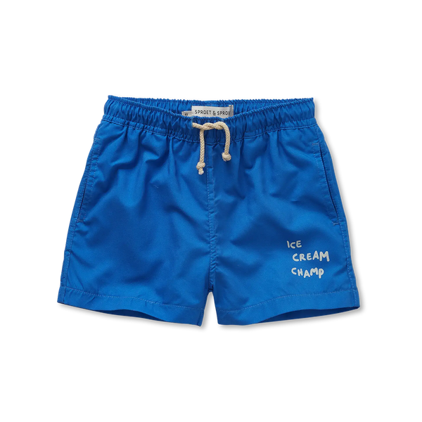 Kobaltblauwe zwemshort met Ice Cream Champ print van Sproet & Sprout | Uit de Champions League of Fun Collectie - Verkrijgbaar bij Little Fashion Addict