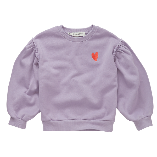 Sweater met pofmouwen in lichtpaars met rood hart borduursel op de borst van Sproet & Sprout | Sweatshirt Puff Sleeves Heart Lavender | A Cosmic Romance collectie