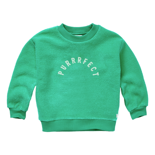Sweater voor jongens in levendig groen met Purrrfect opdruk van Sproet & Sprout | Sweatshirt Purrfect Vivid Green | A Cosmic Romance collectie