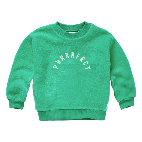 Sweater voor jongens in levendig groen met Purrrfect opdruk van Sproet & Sprout | Sweatshirt Purrfect Vivid Green | A Cosmic Romance collectie