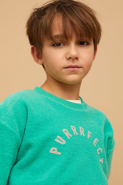 Sweater voor jongens in levendig groen met Purrrfect opdruk van Sproet & Sprout | Sweatshirt Purrfect Vivid Green | A Cosmic Romance collectie