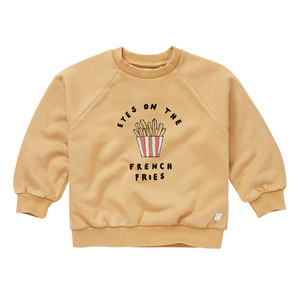 Sweatshirt in zandkleur met French Fries print voor jongens en meisjes van Sproet & Sprout | Sweatshirt French Fries Sand | A Cosmic Romance collectie