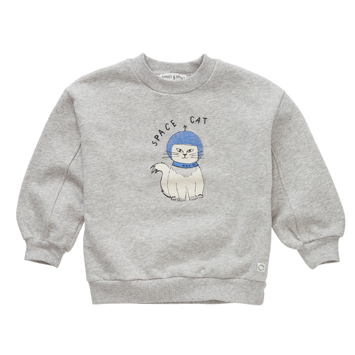Lichtgrijze unisex sweater met Space Cat print van Sproet & Sprout | Sweatshirt Space Cat Grey Melee | A Cosmic Romance collectie