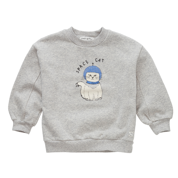 Lichtgrijze unisex sweater met Space Cat print van Sproet & Sprout | Sweatshirt Space Cat Grey Melee | A Cosmic Romance collectie