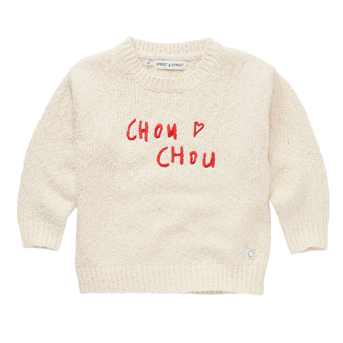 Gebroken witte sweater met rode Chou Chou borduring uit de A Cosmic Romance collectie van Sproet & Sprout. | Sweater Chou Chou Ivory
